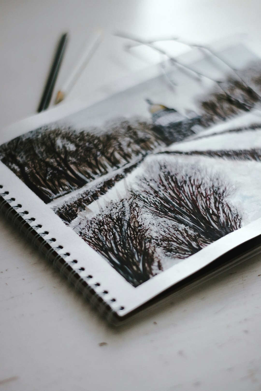 Stack of printed black and white photographs on a wooden table