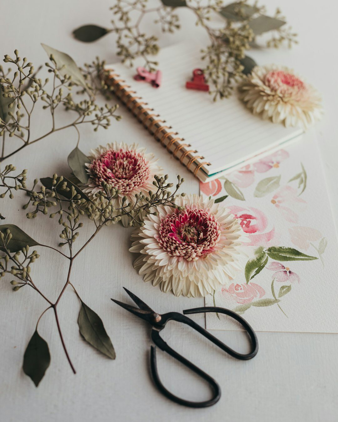 Flat lay of printed photographs, a camera and a notebook on a wooden desk